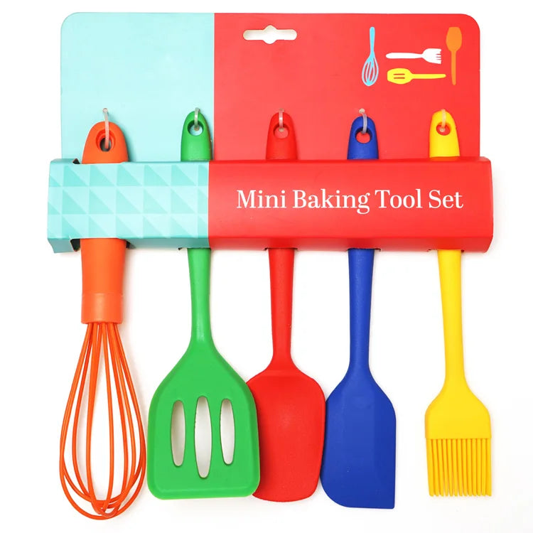 Food Grade Silicone Mini Kids Kitchen Utensils Set 5-Piece Eco-Friendly Cooking & Baking Tools with Cake Decorating Kit