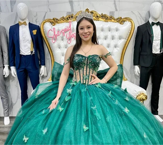 Luxury Glittering Quinceanera Dresses Butterfly Lace Vestidos De Birthday Party Green Prom Gowns MQ452