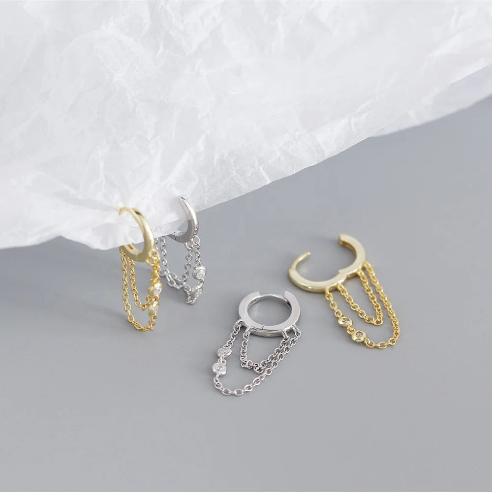 New Popular  925 Sterling Silver Chains Tassel Huggie Earrings