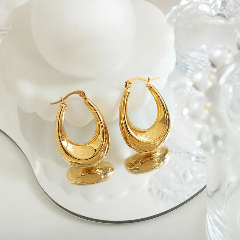 New Trendy Earring 18K Gold Plated Oval Hollow U Hoop Earrings for Women Stainless Steel Earrings Fashion Jewelry Wholesale