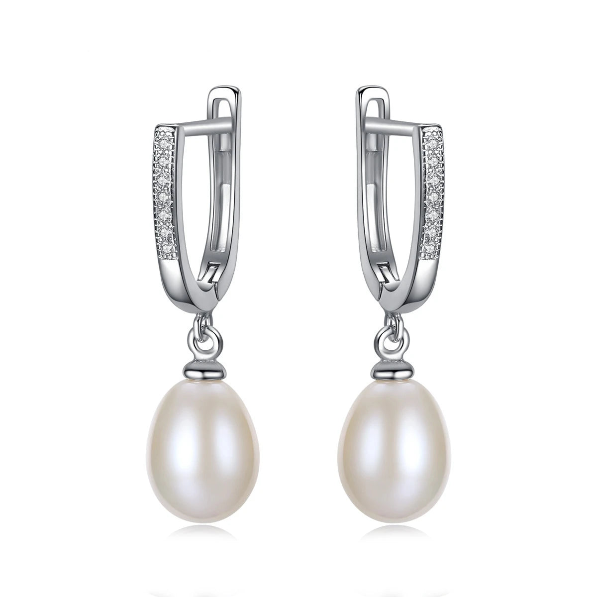 Daidan Earings Clip on Classic U-Shape Pearl Hoop Cubic Zirconia Sterling Silver Fresh Water Pearl Earrings