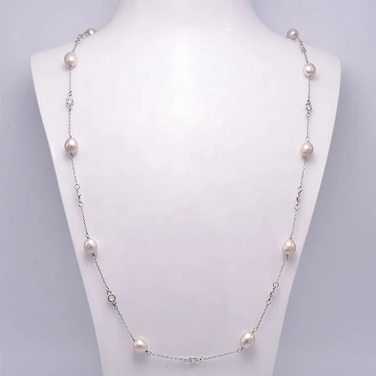 Wholesale Fashion 925 Sterling Silver Pearls Long Necklace with Pearl for Women