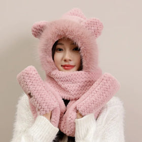 Windproof Warm Sweet Cute Bear Ears Plush Hat Scarf Mittens Ear for Protection Winter Hoodie Hat Scarf Gloves Set