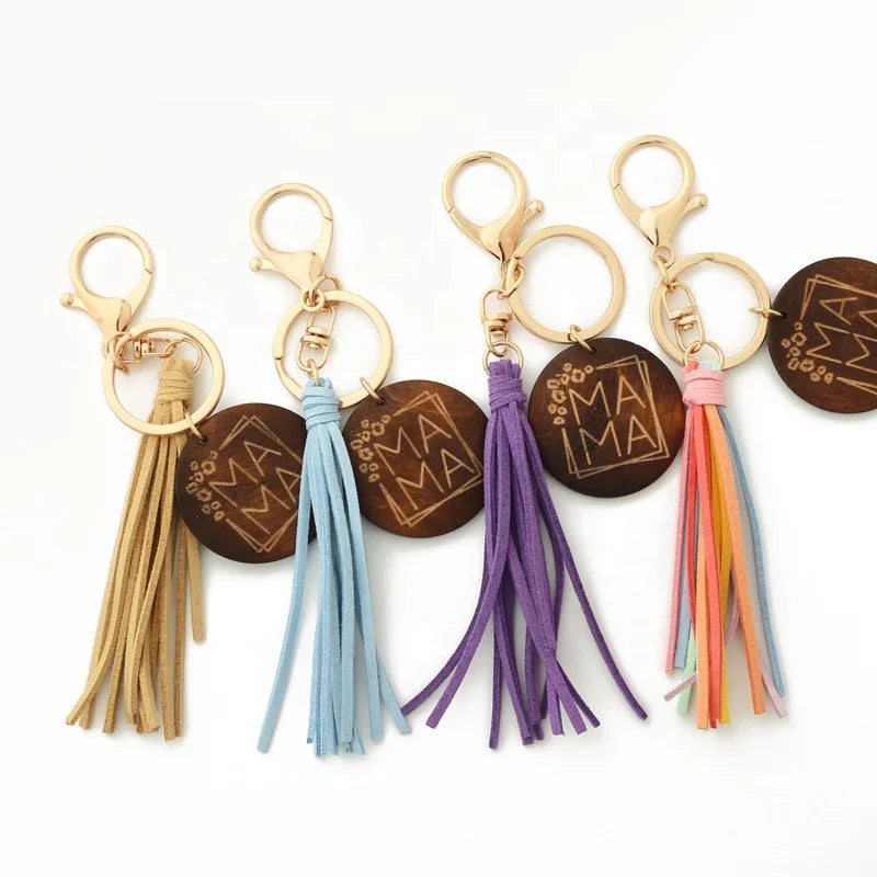 New Arrival Vintage Jewelry Accessories Bag Pendant With 4cm MAMA Wooden Disc Korean Velvet Tassel Leather Tassel Keychain