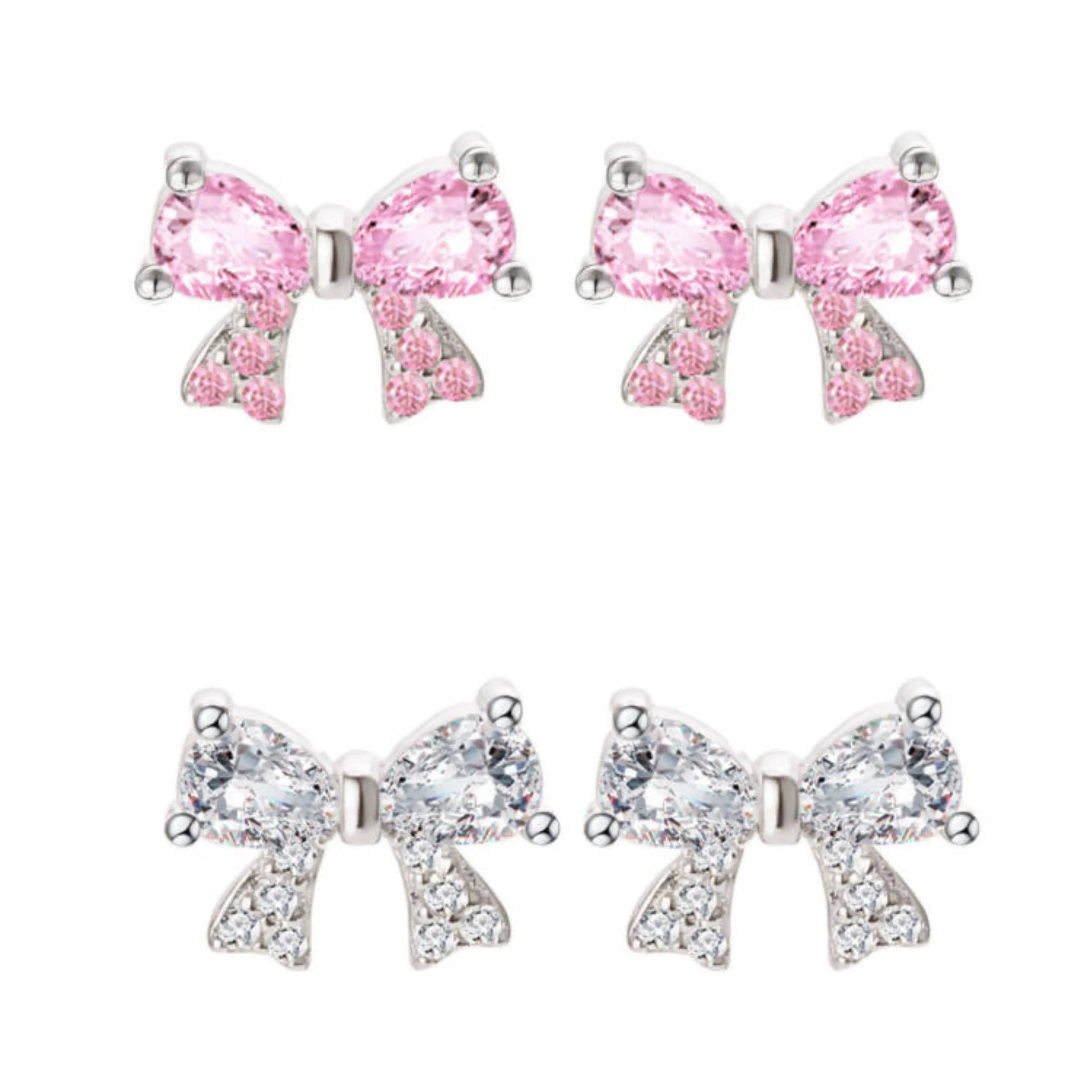 OAHLAN Fashion Jewelry Hypoallergenic Delicate Bow Shape S925 Sterling Silver Cubic Zirconia Stud Earrings for Women Girl Gift