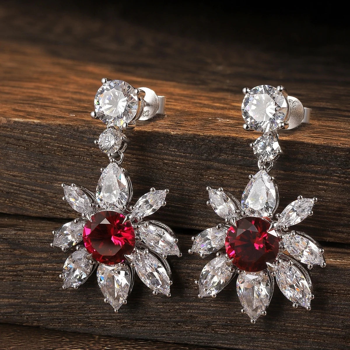 Holycome Round Red Ruby with Moissanite Fashion Jewelry Women Earrings 925 Silver Stud Earrings