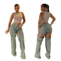 Fashion Casual High-waist Cut Out Denim Jeans Pants Women Straight Leg Jeans Wholesale Washed Fashion Girl Long Denim Trousers