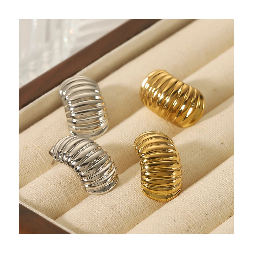 New Designed Trendy Geometric Stainless Steel 18K Gold Plated Twisted Half Hollow Stripes Textured Stud Earrings Wholesale Bulk