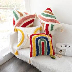 Boho Retro Velvet Tufted Rainbow Festival & Portrait Pattern Throw Pillow