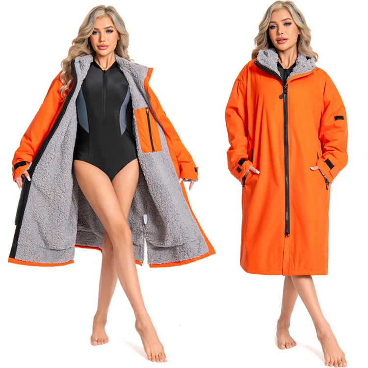 Custom Unisex Windproof Outdoor Jacket Hooded Coat Long Sleeves Fleece Lined Waterproof Swimming Changing Robe Surf Poncho