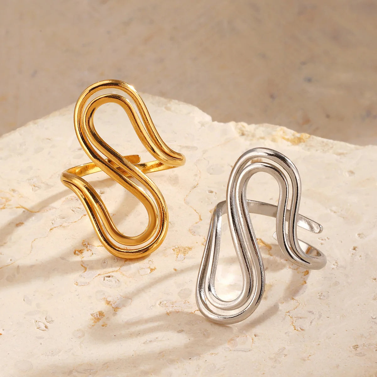 Wholesale Fashion Exaggerated Oversized Line Double Layer Line Personality Hip Hop Open Stainless Steel Ring for Women