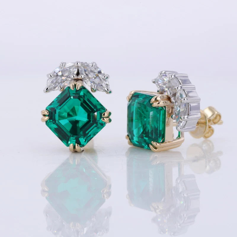 10K Yellow Gold 8x8mm Asscher Cut Lab Created Emerald and Moissanite Earrings for Women Fine Jewelry