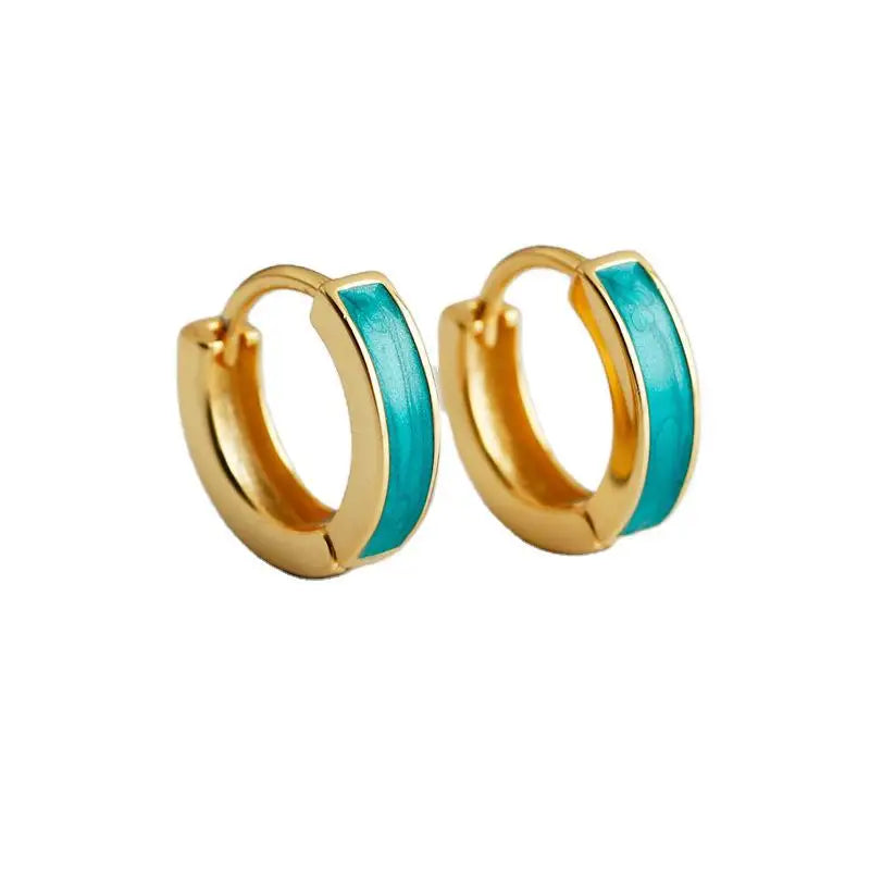 French Style 18K Gold Plated 925 Sterling Silver Blue Dripping Oil Minimalist Ear Buckle for Women Epoxy Hoop Earrings