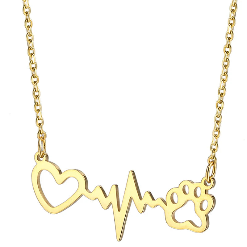Elegant Non Tarnish Silver 18k Gold Plated Stainless Steel Women Dog Paw Heartbeat Pendant Necklace Jewelry