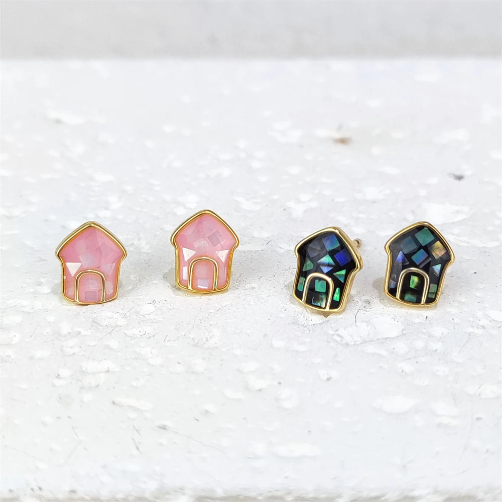 925 Sterling Silver Mother of Pearl Shell Jewelry House Shaped Gold Plated Stud Earrings Colorful Dripping Oil Earrings for Lady