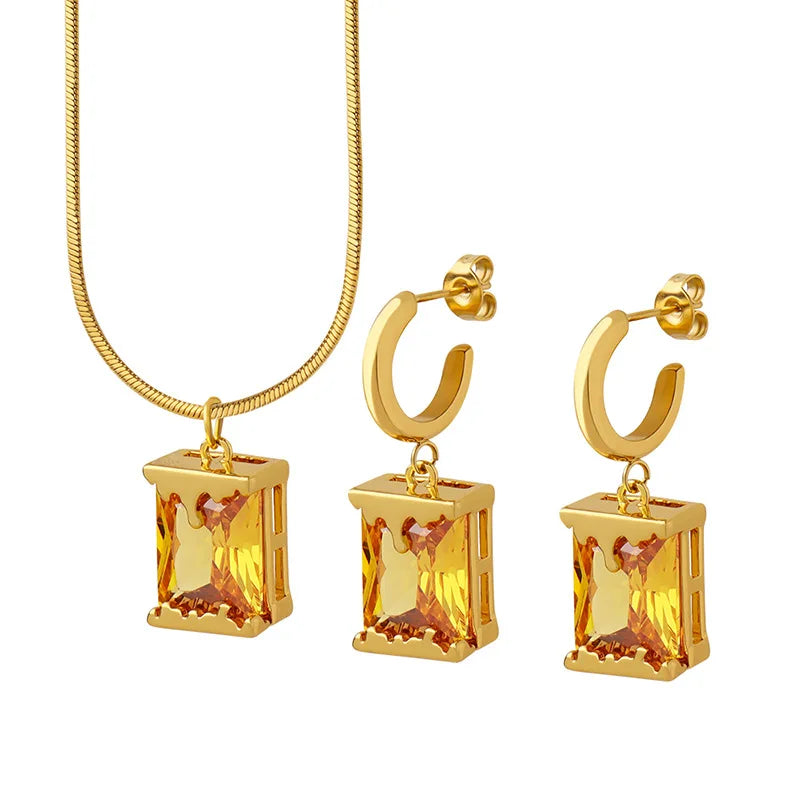 Fashion New Stainless Steel 18k Gold Light Luxury Design Personalized Oil Lamp Copper Pendant Necklace Earrings Jewelry Set