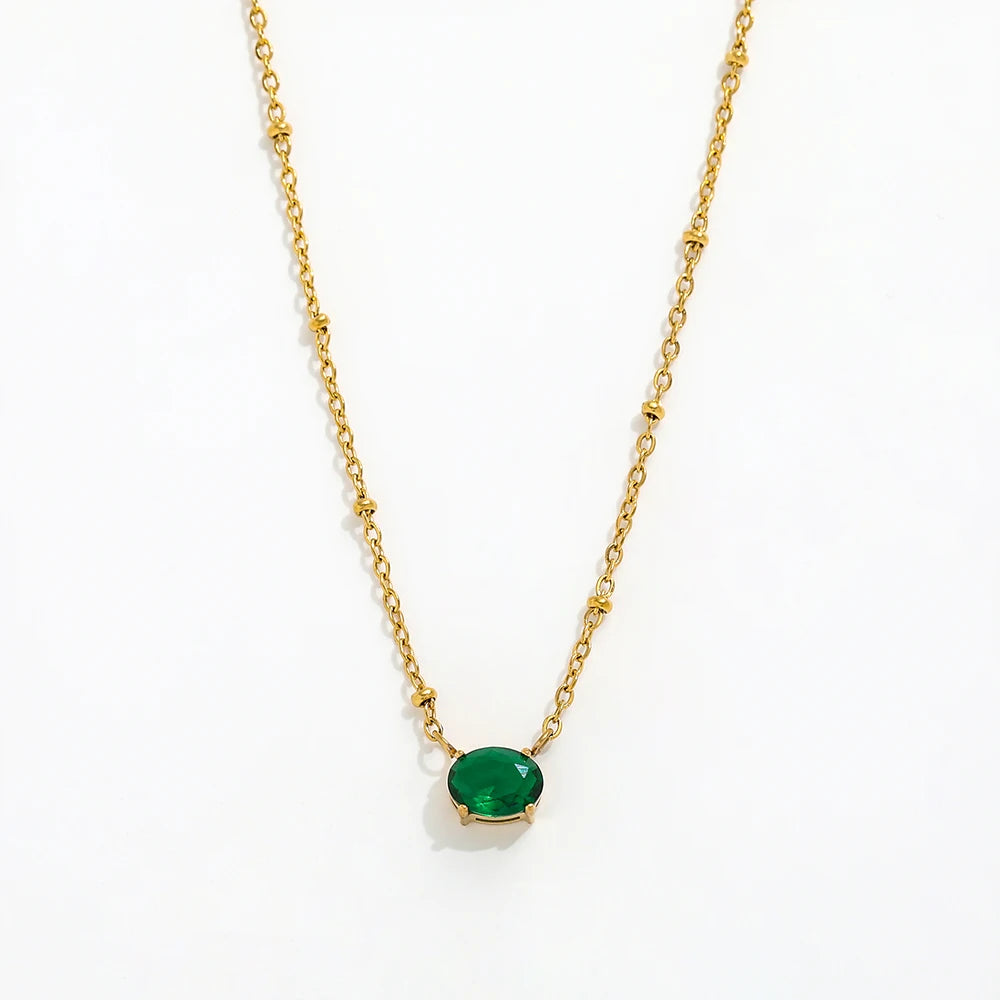 JOOLIM High End Stainless Steel Jewelry Oval Green Zirconia Pendant Cable Chain Beads Necklace 18K Gold Plated Jewelry Wholesale