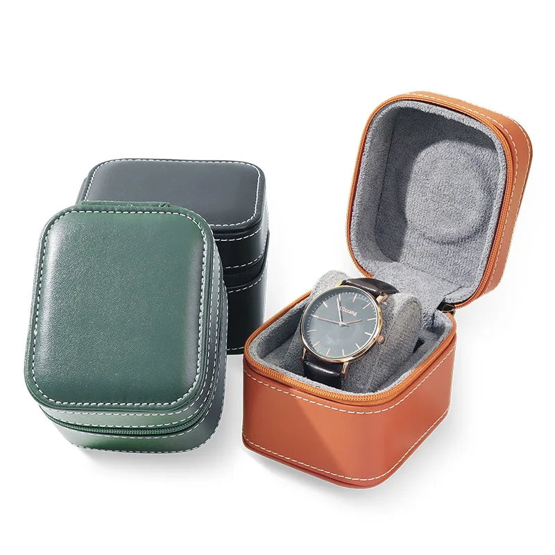 Wholesale High-End PU Leather Portable Flip Cover Travel Single Zipper Watch Box Case for Business