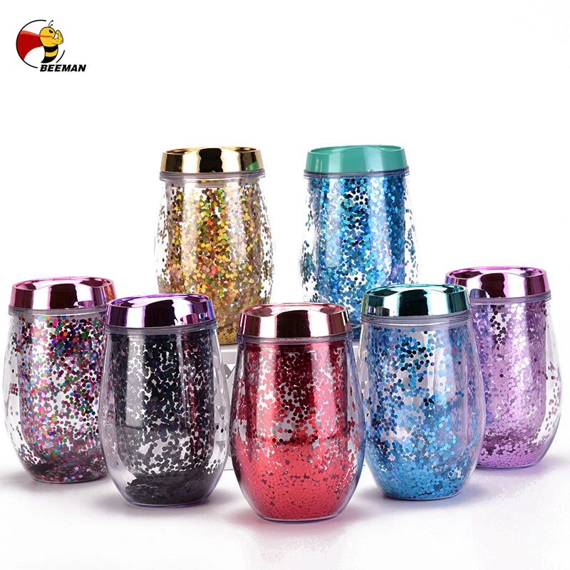 Beeman Hot Sell Custom Double Wall Plastic Coloured Blue Glittery Egg Mug Tumbler for Milk Tea
