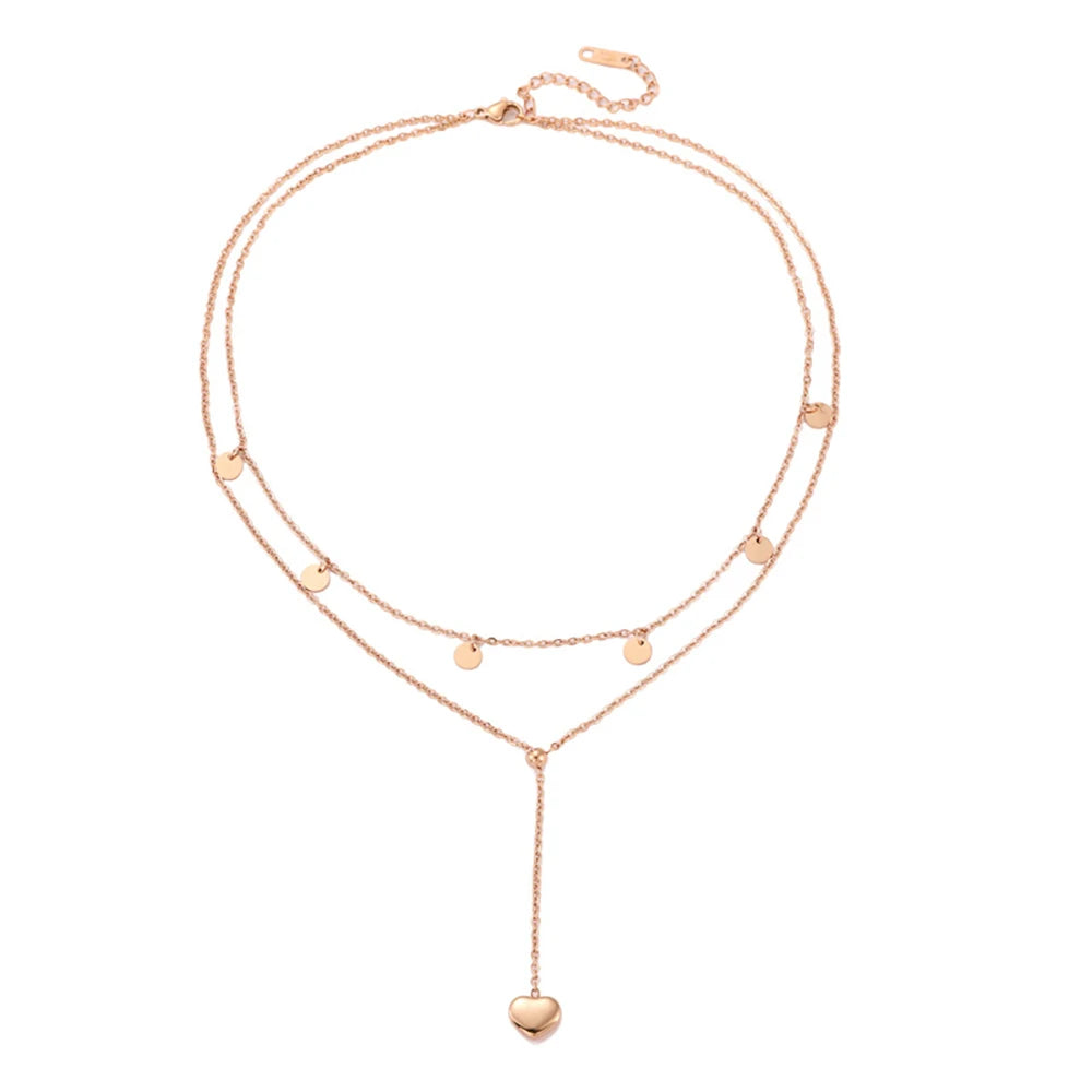 Wholesale Waterproof Women Jewelry Fashion Stainless Steel Long Double Layered Heart Pendant Necklace