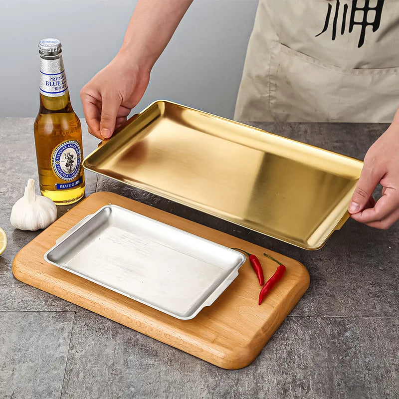 Barbecue Plate Stainless Steel Korean Tableware Gold Silver Rectangle Serving Trays Food Dinner Plates with logo for Restaurant
