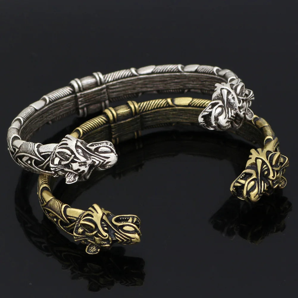 Viking Bracelet for Men Pagan Jewelry Norse God Odin Wolf Heads Arm Rings Ancient Silver Plating Twisted Cuff Bracelet