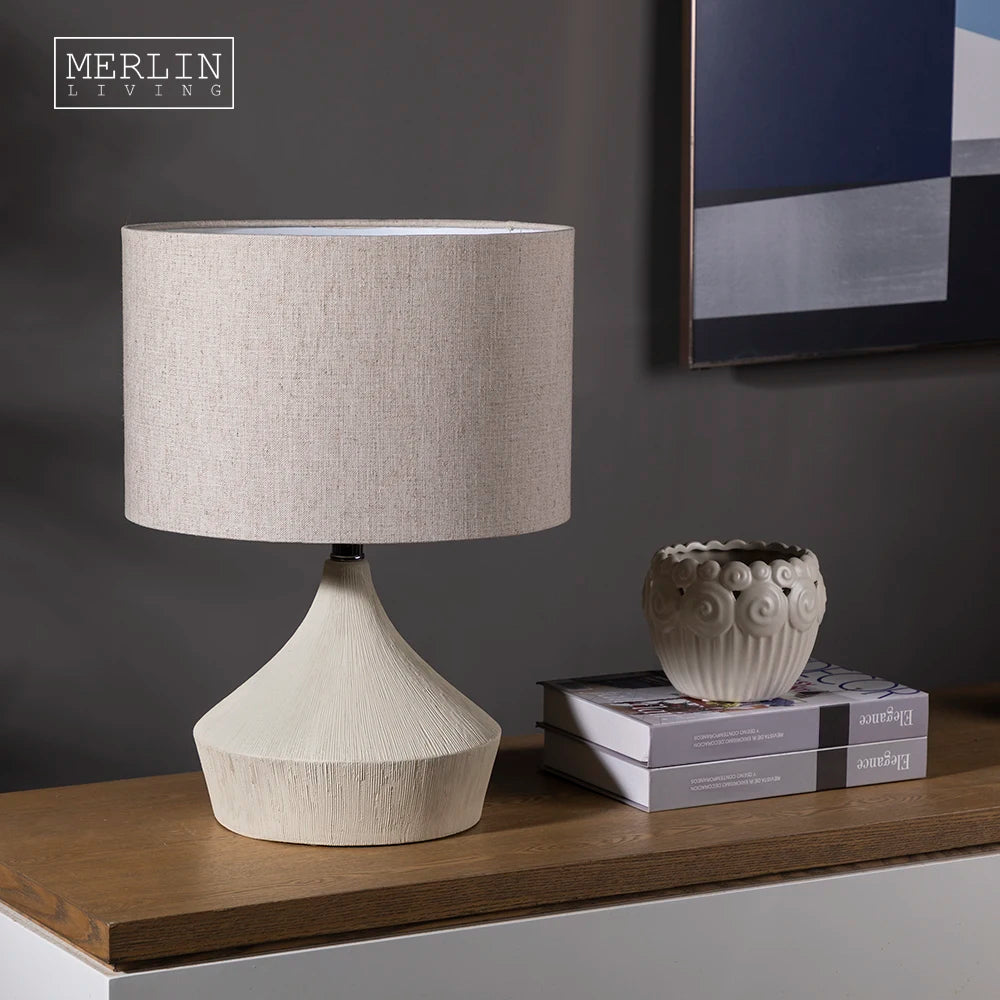 Merlin Living Cylinder Nordic Ceramic Table Lamp Hotel With Fabric Shade Modern Bedside Porcelain Table Lamps for Home Decor
