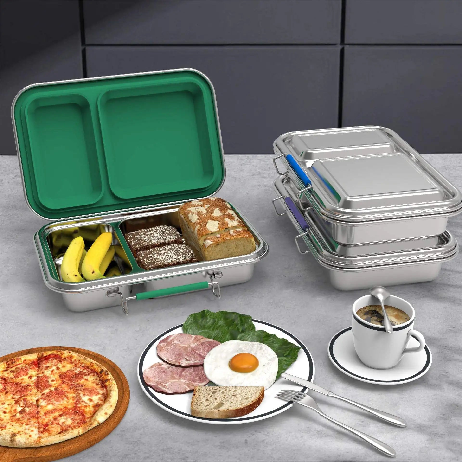 Wholesale 2 Compartments Plain 304 Stainless Steel Bento Box with Silicone Lid Kids Metal Lunch Box with Food Jar