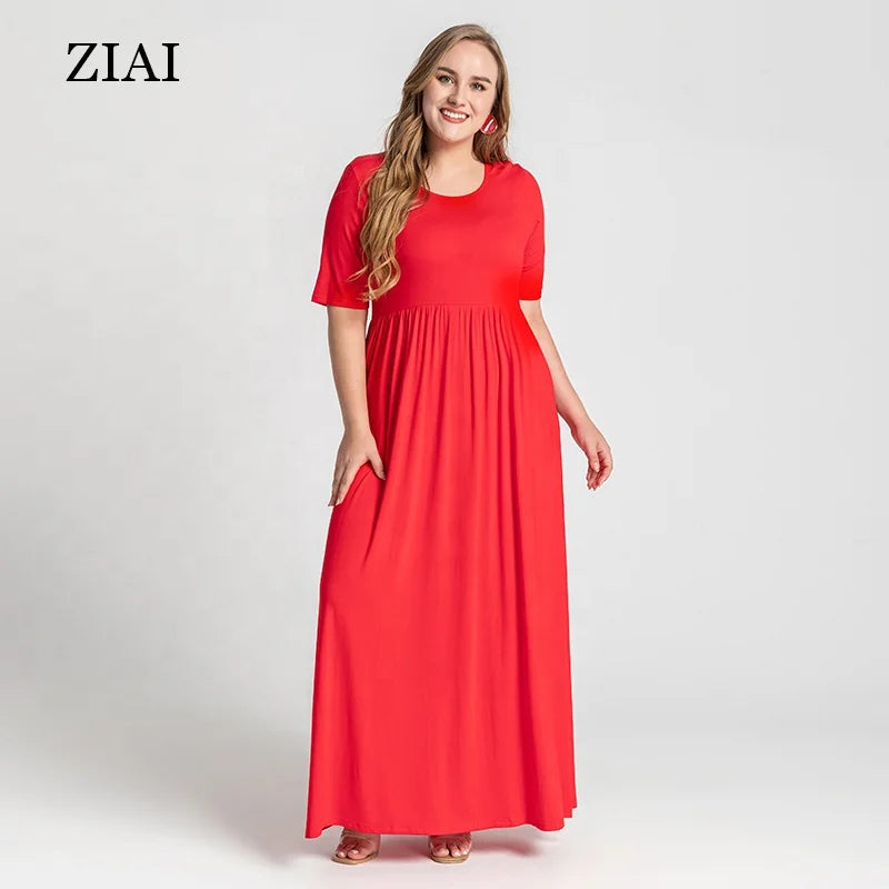 New Summer Plus Size Dress Solid Color Pleated Large Swing Skirt Short Sleeve Long Dress Wholesale