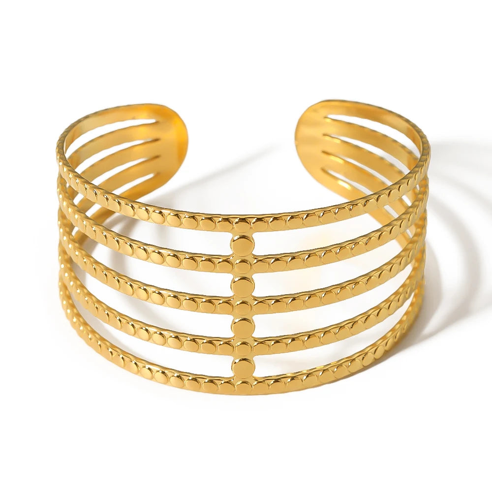 Classic Fashion Jewelry Stainless Steel 18K Gold Plated Multiple Layered Five Lines Open Adjustable Cuff Bangles