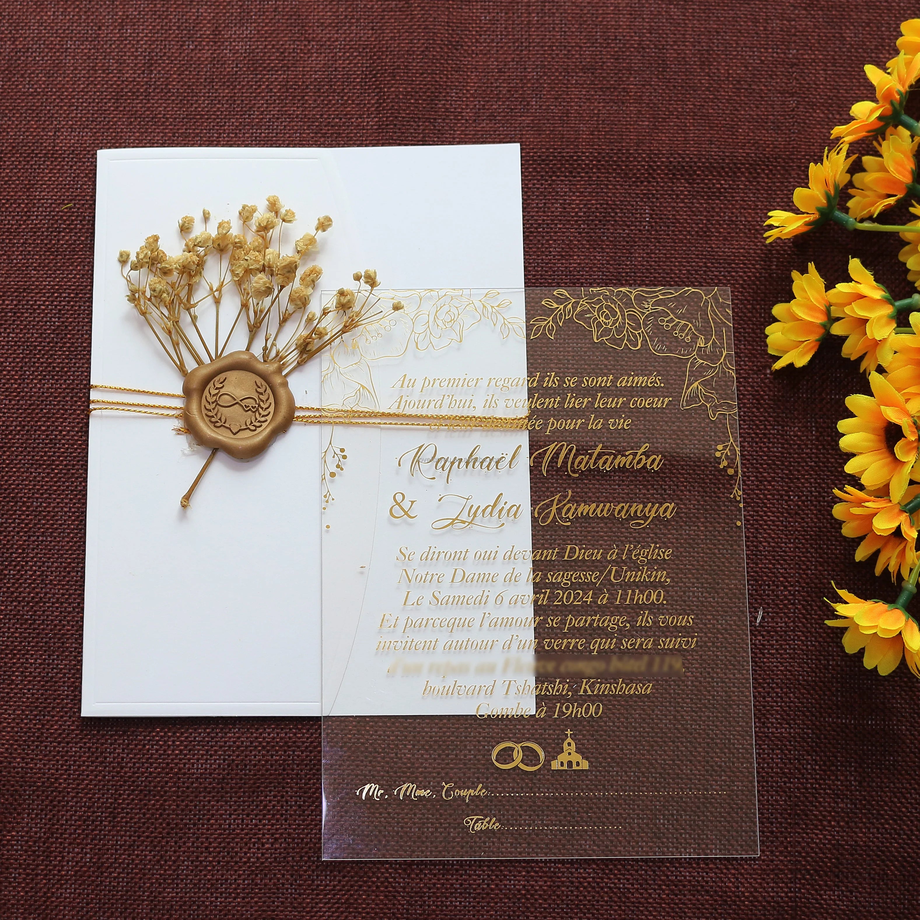 Floral Acrylic Quinceanera Invitations White Half Pocket Envelope Custom Monogram Wax Seal & Dried Flowers