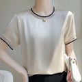 Silk Women's T-shirts Summer O-neck Short Sleeve Tees Casual Solid Color Bottom Lace T-shirt Loose Female Tops Pullover Clothe