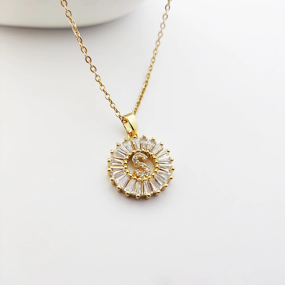 Bijoux 26 Alphabet CZ Initial Letter Necklace Crystal Stone Letter Micro Pave Zircon Initial Necklace Gold Plated Jewelry