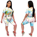 Women's Casual 2-Piece Set O-Neck Short Sleeve Blouses Tops Fashionable Cartoon Pattern Printed Chic Chiffon Summer
