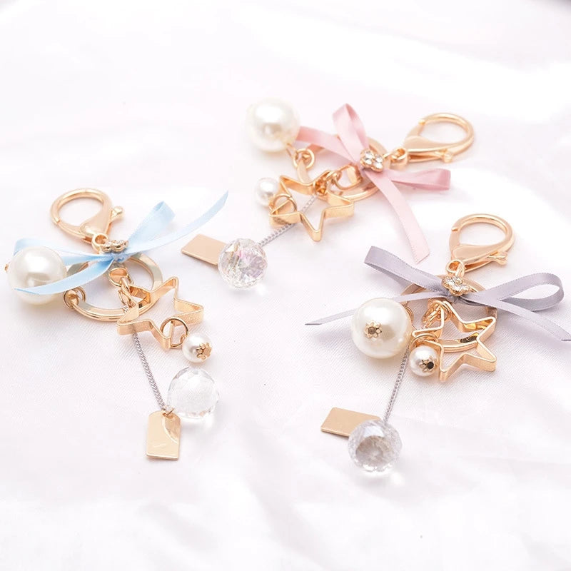 Diamond Pearl Keychain Bling Crystal Rhinestone Key Chains Bag Charm Pendant Bowknot Keyring Ribbon Bow Hollow Out Star Keychain