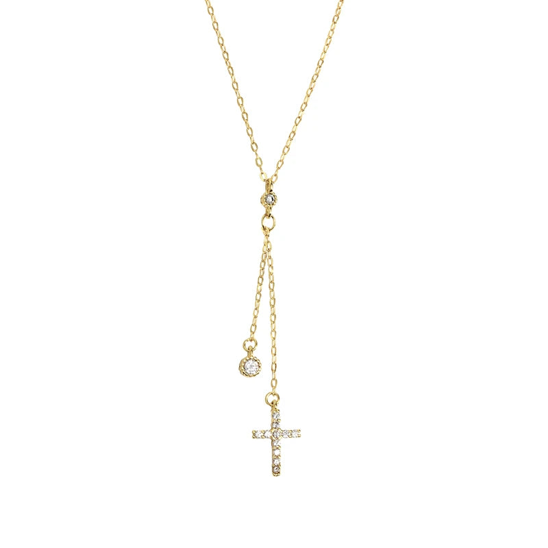 Minimalist Design Cross Woman Cubic Zircon Long Tassel Pendant Necklace