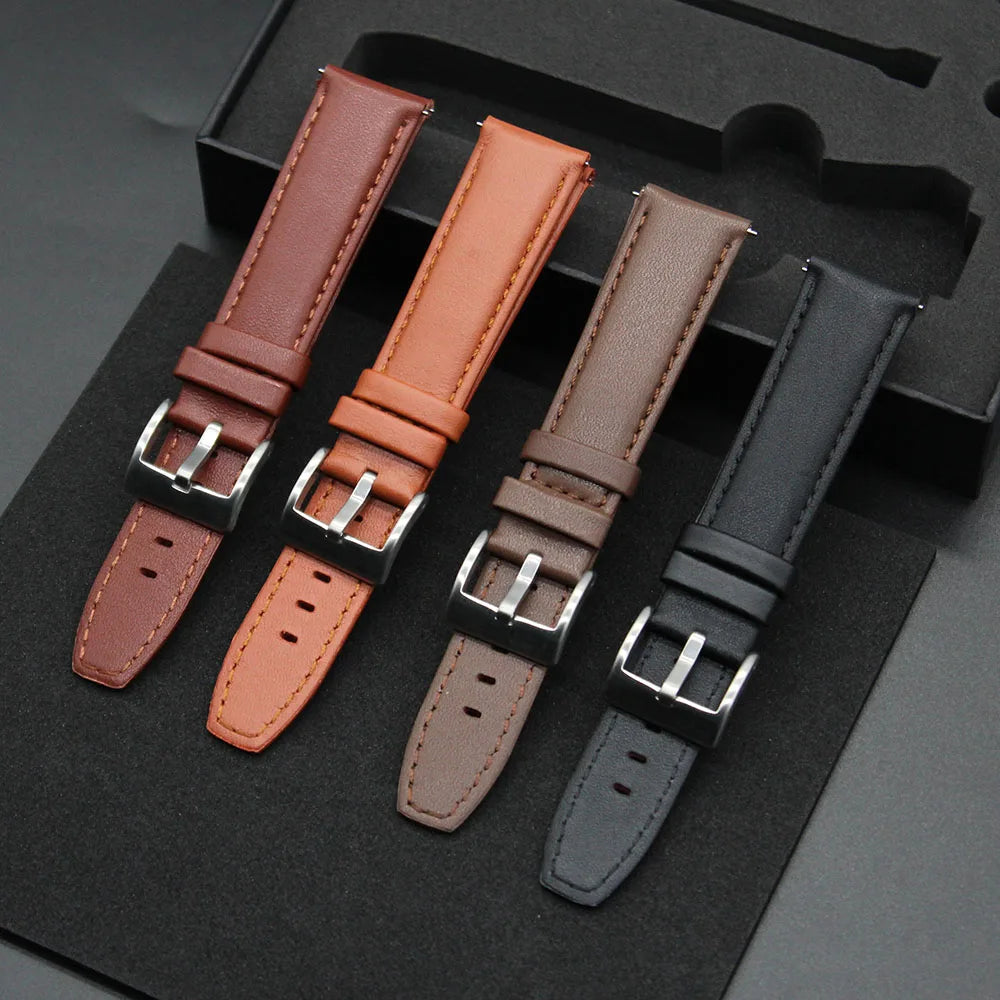 Unique Vintage Black Smooth 2 Pieces Handmade Plain Leather Watch Band Replacement 20mm 22mm Genuine Leather Watch Straps