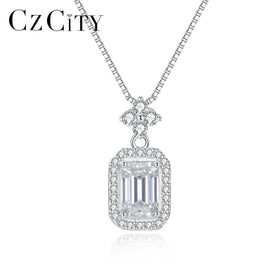 CZCITY Emerald Cut Moissanite Fine Diamond Silver 925 Girl Sterling Chain Charm Woman Jewelry Necklace