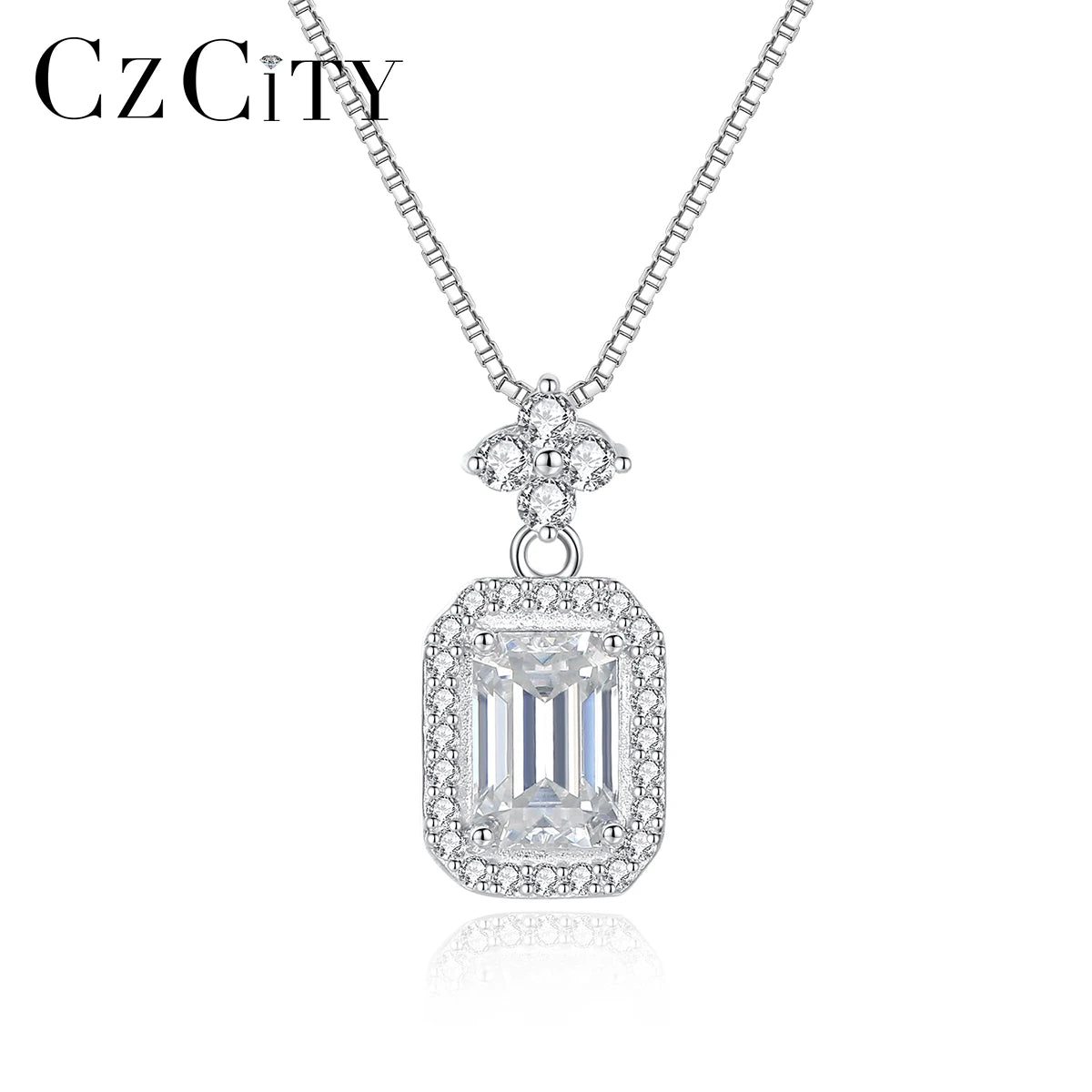 CZCITY Emerald Cut Moissanite Fine Diamond Silver 925 Girl Sterling Chain Charm Woman Jewelry Necklace