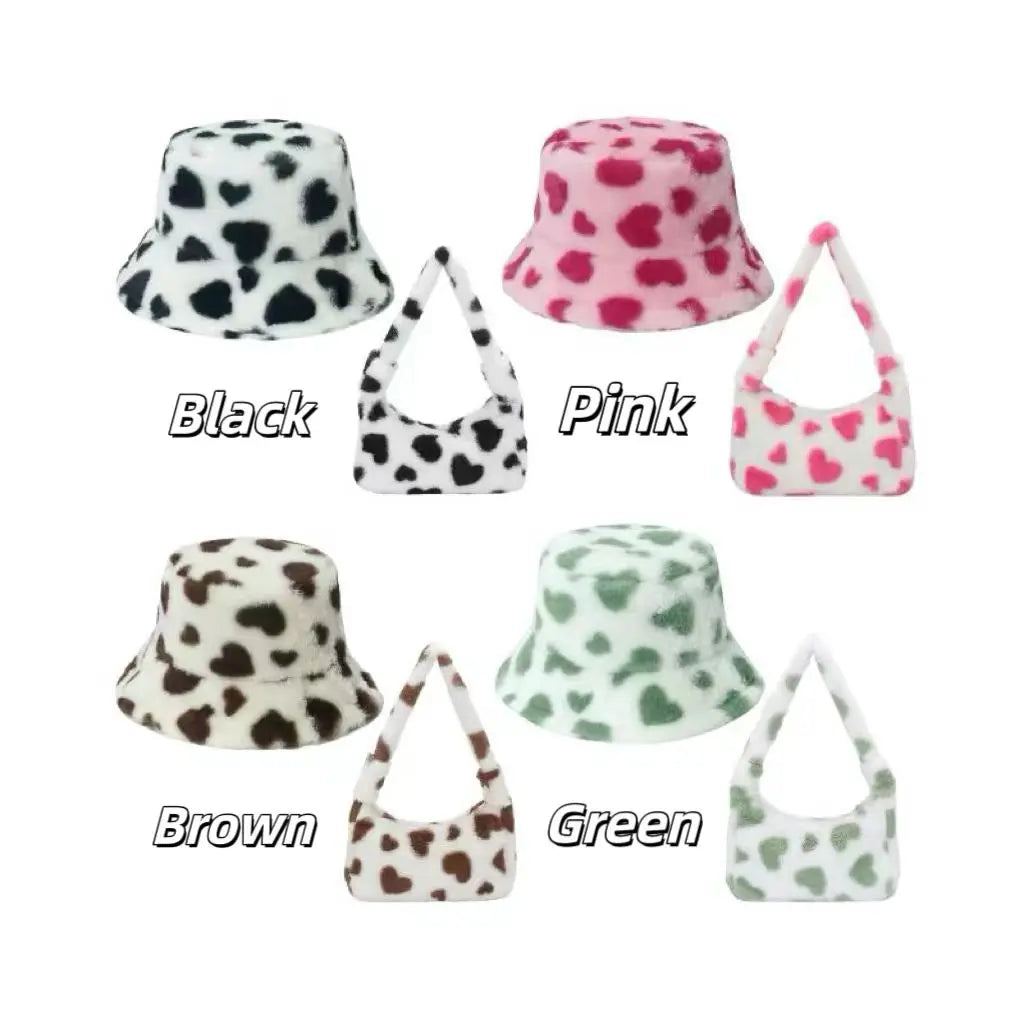 Winter Heart-shape Print Bucket Hats Bag Set for Women Warm Plush Fisherman Hat Girls Ladies Panama Caps  Gorras