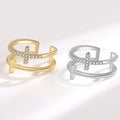 Personality Hollow Out Design Double Cross Ring 18k Gold Copper Plated Zircon Adjustable Opening Ring Wholesale