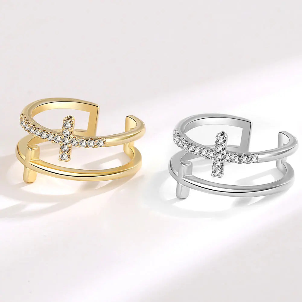 Personality Hollow Out Design Double Cross Ring 18k Gold Copper Plated Zircon Adjustable Opening Ring Wholesale
