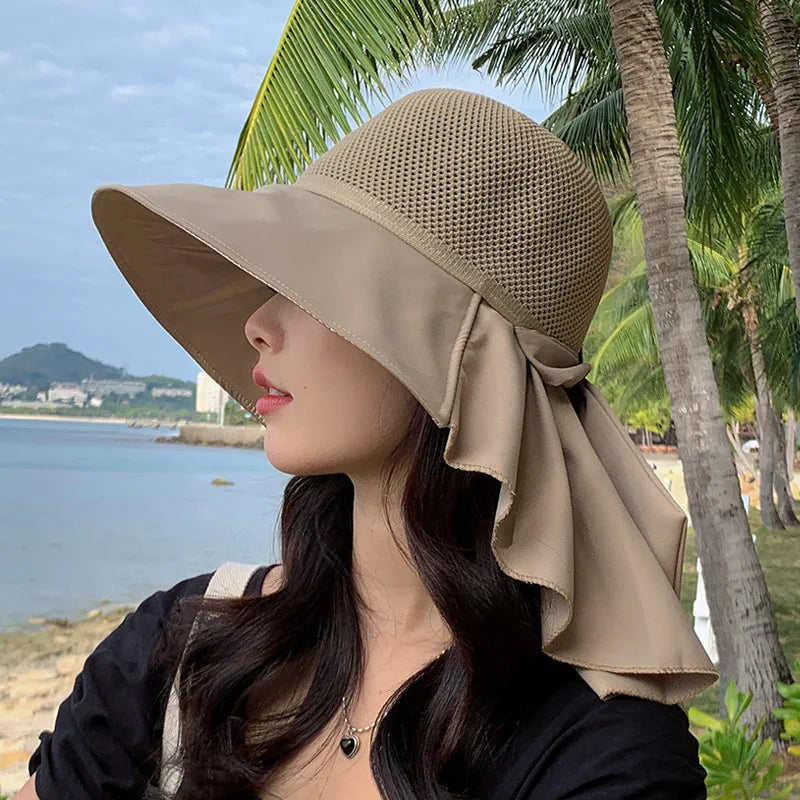 New Summer Shawl Knitted Sunscreen Fisherman Hat Large Eaves Sun Beach Straw Bucket Hat for Women