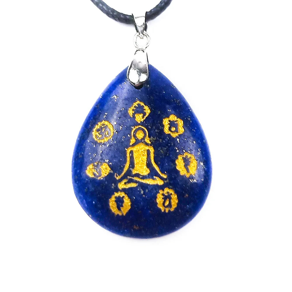 HZ Natural Teardrop Shape Pendants Carved Lapis Lazuli Yoga Chakra Pendant Necklace Natural Crystal Reiki Jewelry