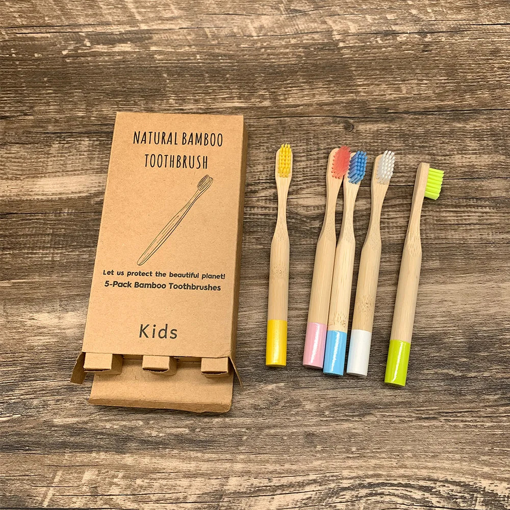 Color Tip Kids Bamboo Toothbrush Round Grip Gentle Soft Bristles Kids Oral Care Bamboo Soft Toothbrush Oem Tooth Brush Set