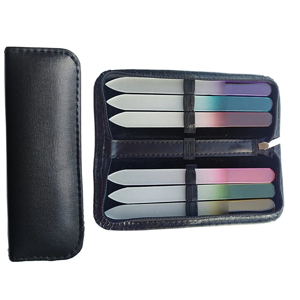 Hot Seller  6PCS Double Sided Crystal Glass Nail File Tools with PU Leather case