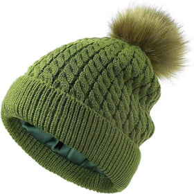 Custom Label Cable Knit Detachable Faux Fur Babble Pompom Satin Lined Beanie for Women