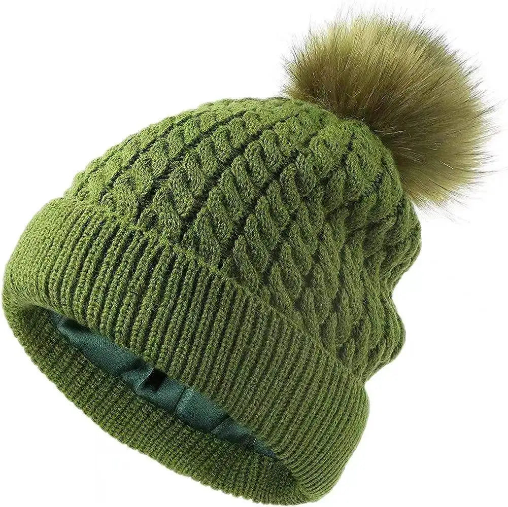 Custom Label Cable Knit Detachable Faux Fur Babble Pompom Satin Lined Beanie for Women