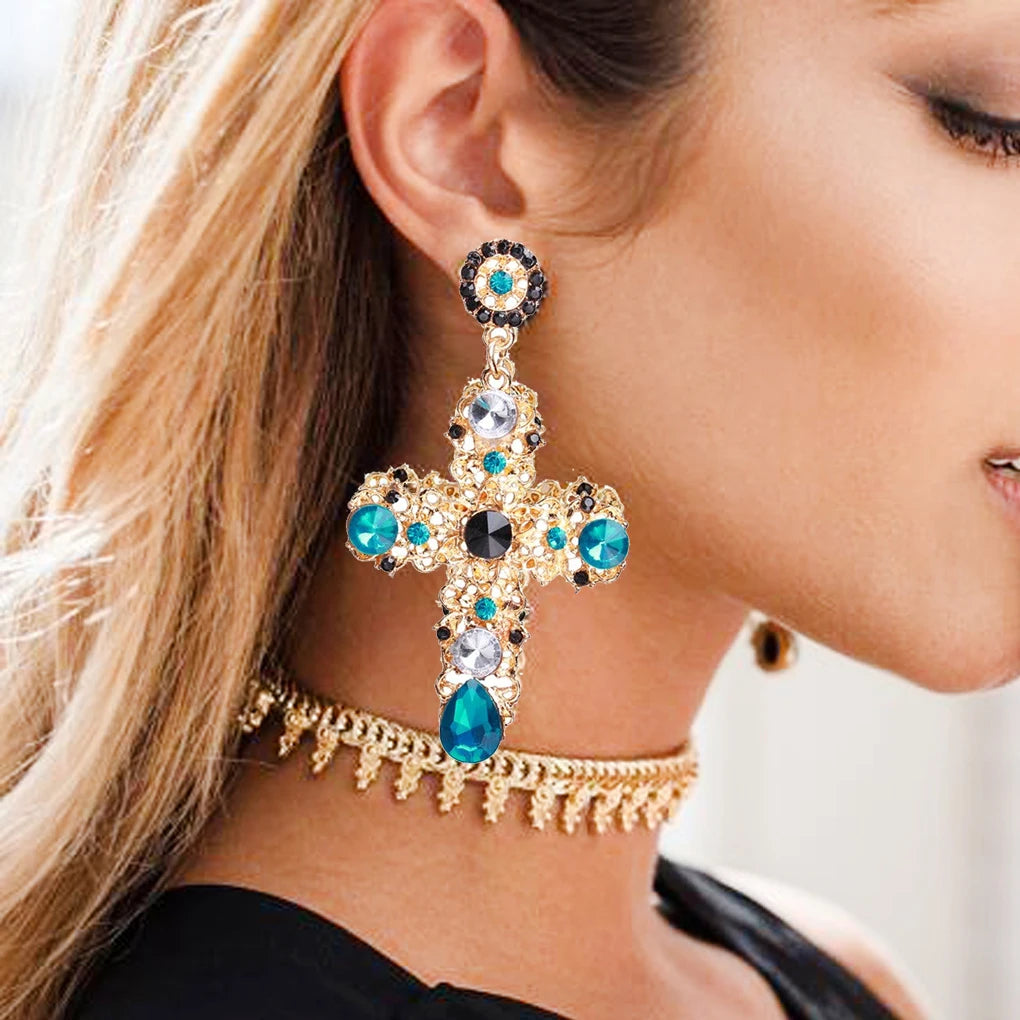 Kaimei New Arrival Vintage Black Pink Crystal Cross Drop Earrings for Women Baroque Bohemian Large Long Earrings Jewelry Brincos