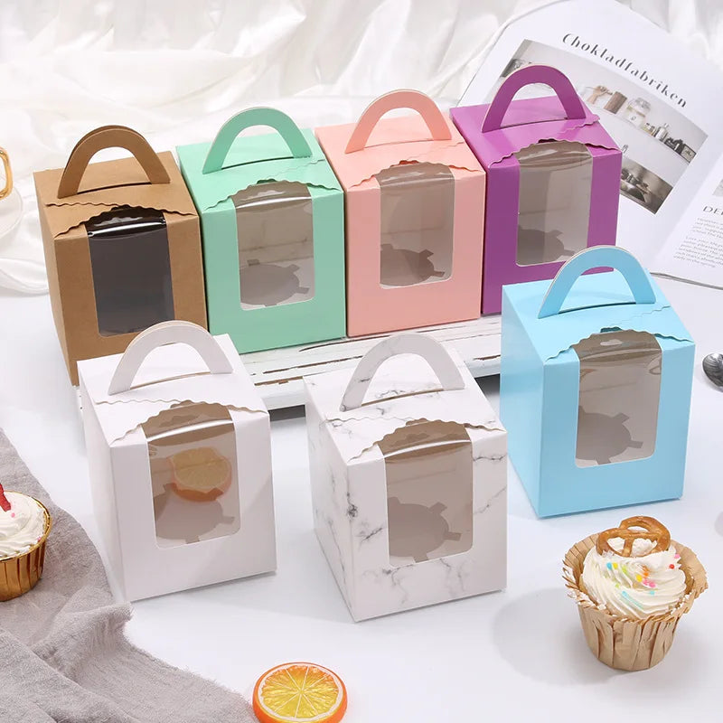 Hot Sale Premium Small clear Window pink Bento Cupcake Packaging Individual Cupcake Boxes with Handle for Wedding Party